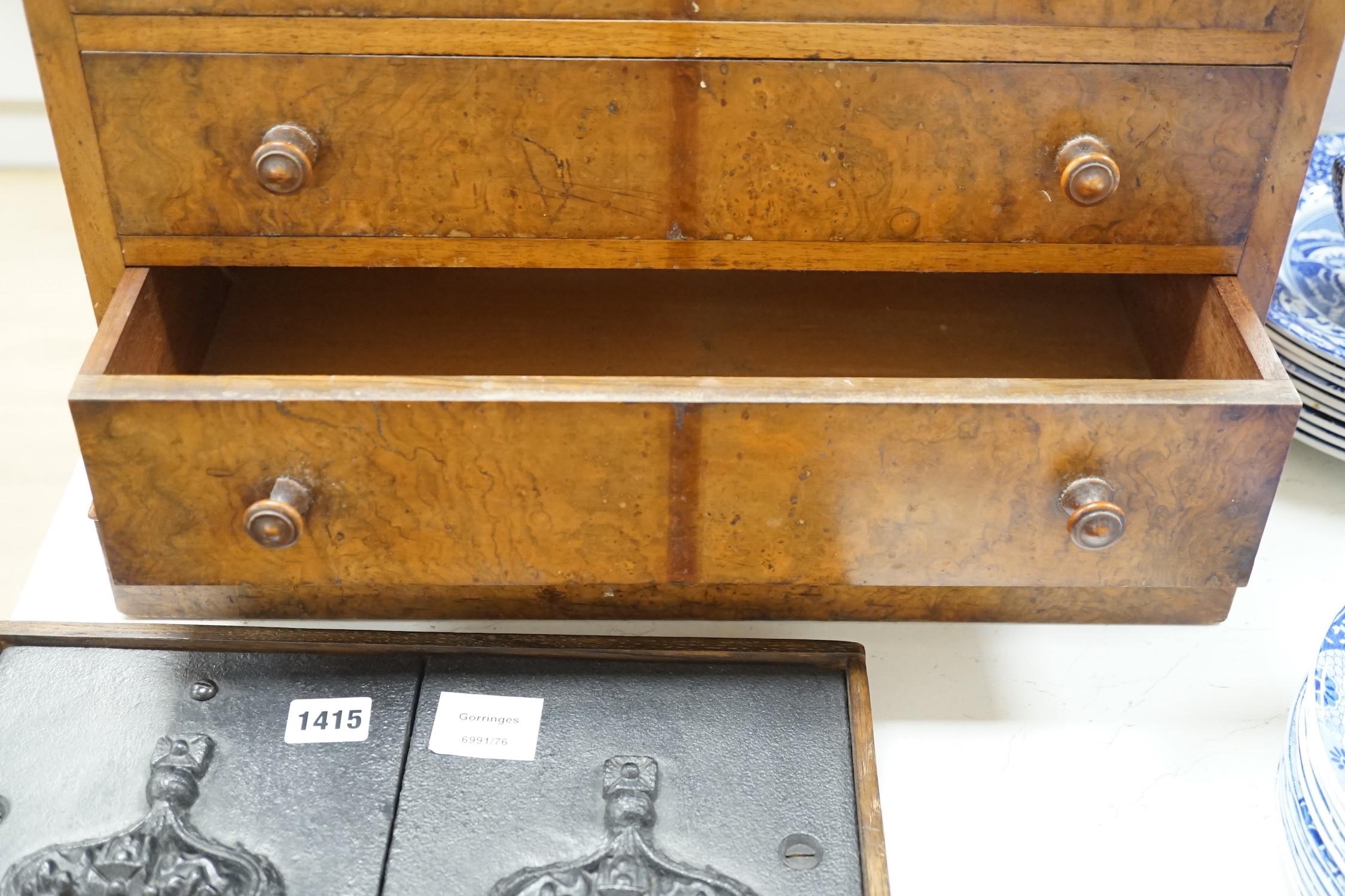 A Victorian walnut six drawer table top miniature collector’s chest, 58cm tall